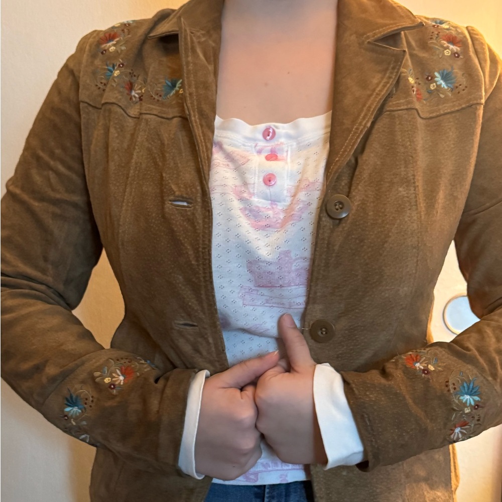 Vintage Wilson’s Leather Brown/Tan Suede Jacket with Floral Embroidery